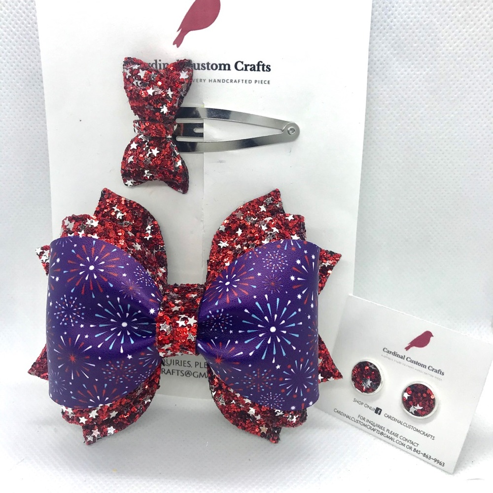 Red white blue fireworks barrette earring set